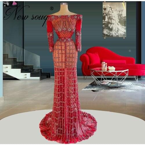 Heavy Handmade Beading Evening Dresses 2021 Dubai Couture Mermaid Boat Neck Party Gowns Crystal Dubai Prom Dress Robe De Soiree