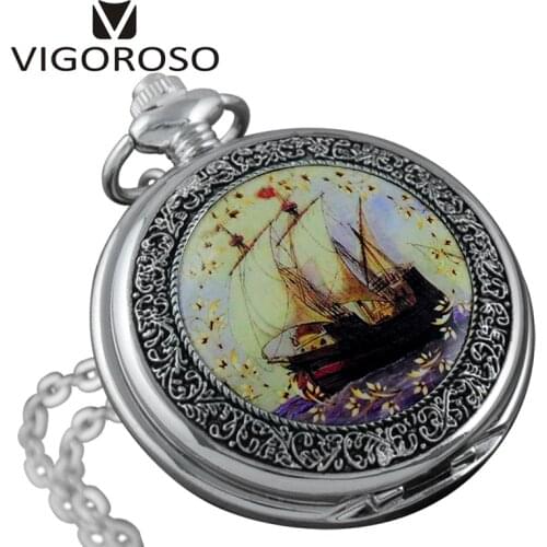 Vintage Case Quartz Pocket Watch Men Sea and Sailing Boat Watch Women Pendant Waist Chain Round Relogio Gift