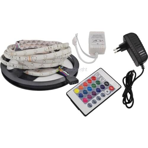 5m 3528 2835 waterproof RGB LED Strip IP65 led stripe Light 12V 60LEDs/M + 24 Key IR Remote+DC12V 2A Power Adapter