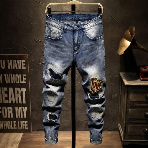 Embroidery Boutique European Men Brand Slim Jeans Denim Trousers Stretch Blue Patchwork Hole Pants For Men Ripped Jeans JS1059