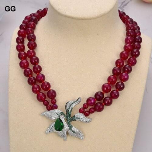 GuaiGuai Jewelry 18"-19'' 2 Rows Rose Fuchsia Agate Necklace Green Crystal CZ Flower Pendant
