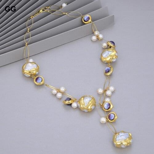 GuaiGuai Jewelry Natural Freshwater Cultured White Keshi Pearl Gold Plated Ede Purple Murano Glass Necklace 21" For Women