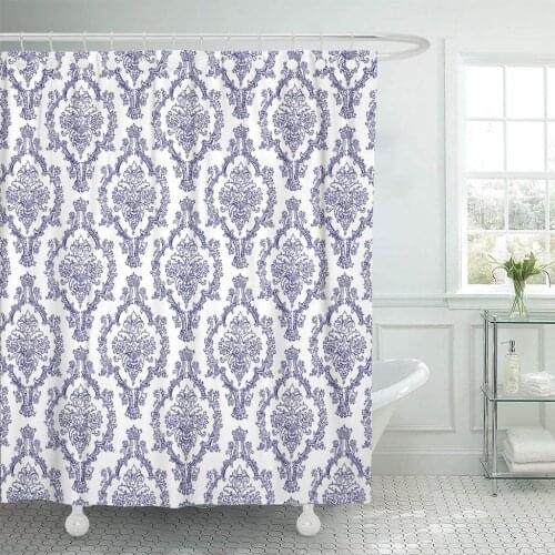 Delft Navy Blue White Damask Fancy Pattern Old Victorian Shower Curtain Waterproof Polyester Fabric 72 x 78 Inches with Hooks