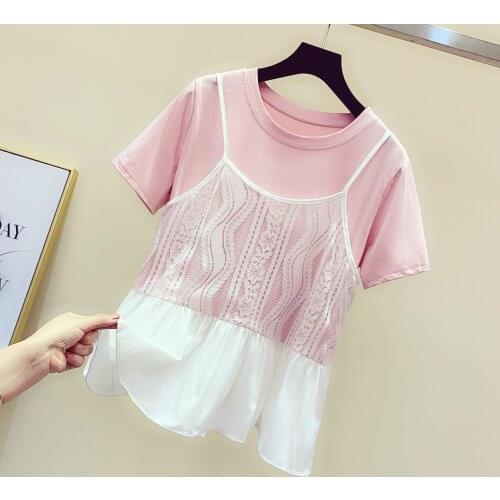 Ladys Lace Stitching Short Sleeve T-shirt Female Summer Shirt Tops New Korean Style Loose White Lace Patch Pink Tshirt Tees