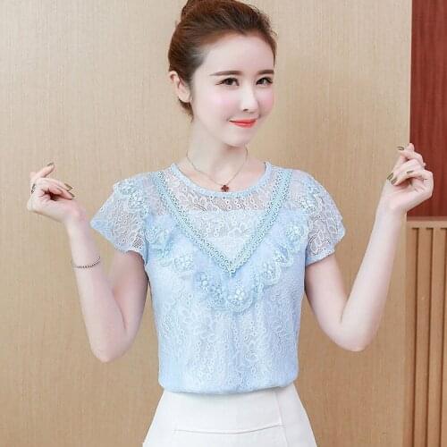 Women Spring Summer Casual Lace Blouses Shirts Lady Casual Short Sleeve Ruffles Decor Lace Blusas Tops DF2866