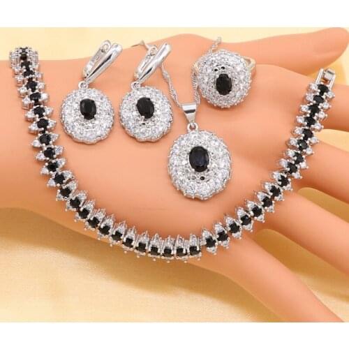 Silver Bridal Jewelry Sets For Women Black Imitated Emerald Crystal White Zirconia Necklace Pendant Earrings Ring Bracelet