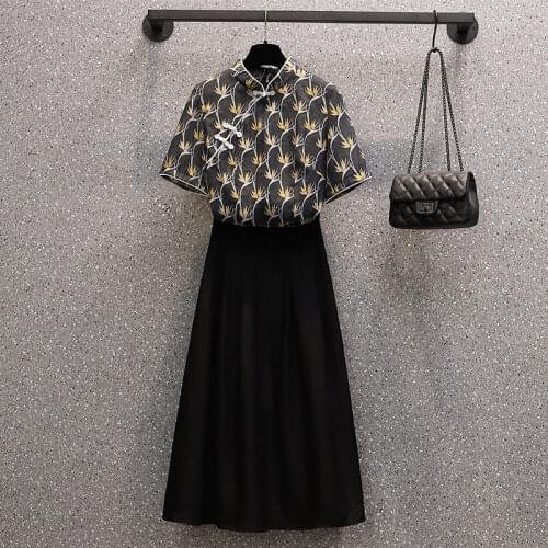Vintage Plus Size Womens Summer 2021 New Ethnic Printed Qipao Top And Skirt Two Piece Suit Retro Chinese Style Clothing zh529