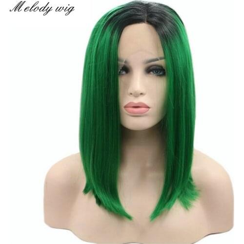 Melody Synthetic Lace Front Dark Roots Ombre Forest Green Silky Straight Short Bob Wig for Women Natural Looking Cosplay 14"