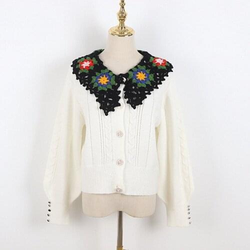 Ladies White Short Cardigan Sweater Streetwear Cute Casual Knitted Sweater Crochet Collar Lantern Sleeves 2021 Early Autumn New