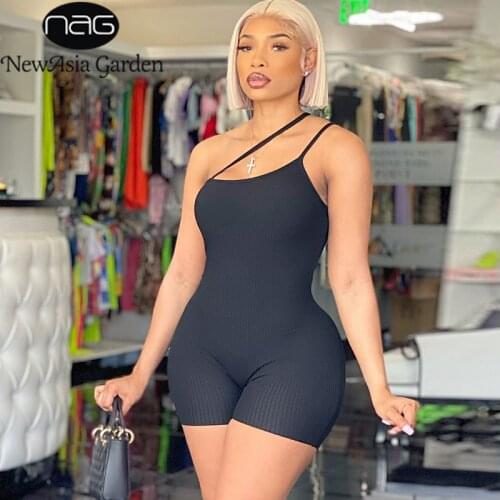 NewAsia Ribbed Knitted Romper Single Shoulder Cut out Spaghetti Strap Backless Bodycon Romper Shorts Women Summer Sexy Overalls