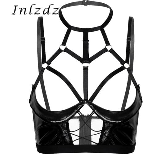 Womens Halter Neck Lingerie Open Cup Bras Back Zipper Underwire Unlined Hot Brassiere Hollow Out Strappy Patent Leather Bra Tops