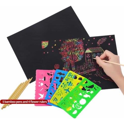 Children Scratch Painting Paper Kids DIY Scratch Off Drawing Art Paper Sheet with Templates & Pens