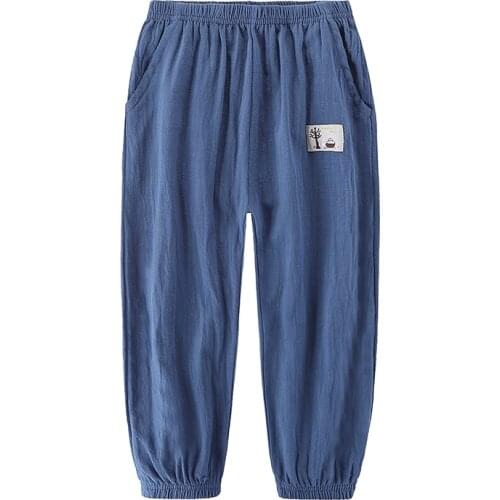 Children Trousers For Boys Girls Cotton Linen Elastic Waist Solid Color Summer Mosquito Pants Kids Clothing Long Pants 100-160cm