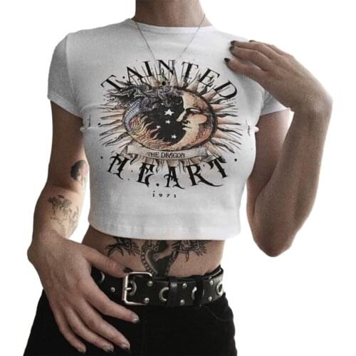 Women’s Fashion Short Sleeve T-shirt Retro Summer Personality Print Tees 90s Casual Exposed Navel Pullover Tops Streetwear