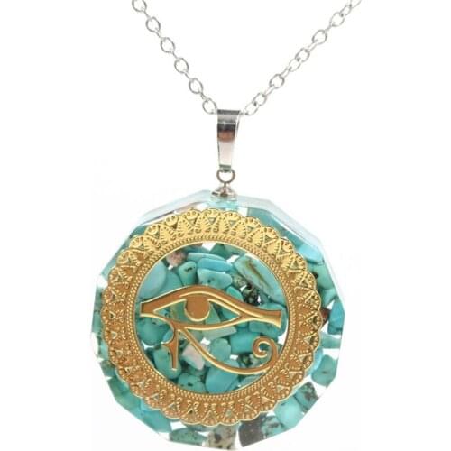 FYJS Unique Light Yellow Gold Color Eye of Horus Tourmaline Stone and Resin Pendant Green Turquoises Necklace Orgonite Jewelry