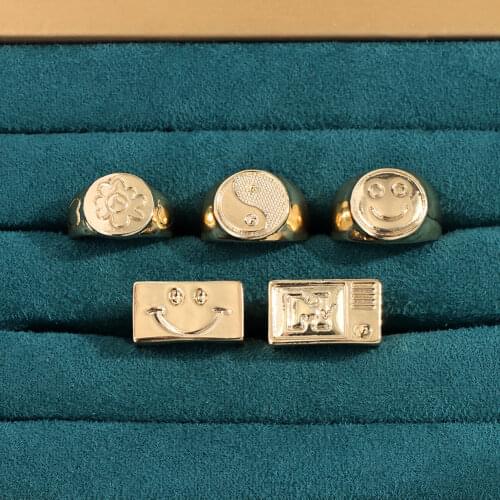 Flatfoosie Creative Circle Smiley Face Open Rings Gold Silver Color Metal Carved Flower Yin Yang Rings for Women Fashion Jewelry