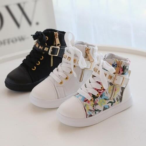 Autumn Winter Korean Children Floral White Black High-top Canvas Shoes For Girls Boys Platform Chunk Sneakers Sports Shoes New
