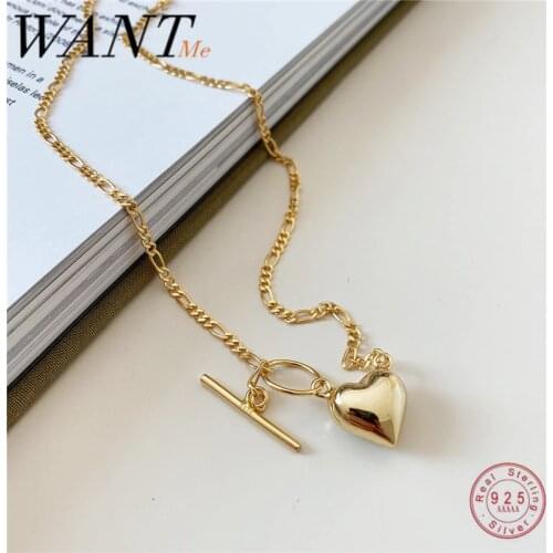 WANTME Genuine 100% 925 Sterling Silver Round Punk Love Heart Pendant Cuban Chain Necklace for Women Hip Hop Fine Jewelry Gift