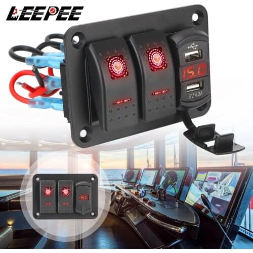LEEPEE 12/24V Rocker Switch Panel Circuit Breaker LED Voltmeter 4.2A Dual USB Port for Car Marine Ship LED Rocker Switch Panel