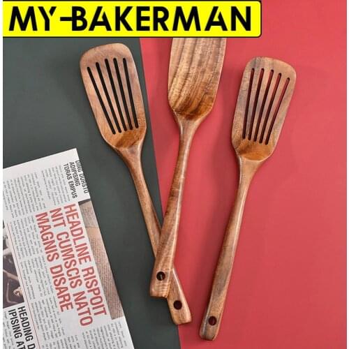 1-5PCS/SET Teak Wood Natural Long Handle Spatula Kitchen Turner Non Stick Cooking Utensils Wooden Spatula Slotted Turner Set