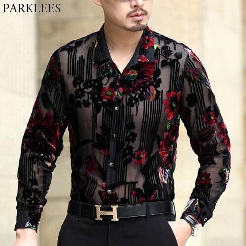 Sexy Transparent Floral Dress Shirts Men 2020 Luxury Brand Slim Fit Long Sleeve Chemise See Trough Party Event Lace Sheer Blouse