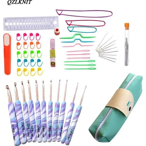 QZLKNIT 11pcs 2.0-8.0mm Crochet tool set Hand held clay ceramic Handle Aluminum Hook For Yarn Weave Craft Knitting Needles