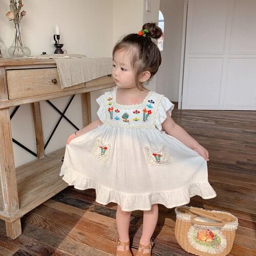 New 2021 Summer Korean Style Baby Girls Princess Dress Embroidery Floral Ruffles Sleeve Toddler Kids Cotton Linen Dresses