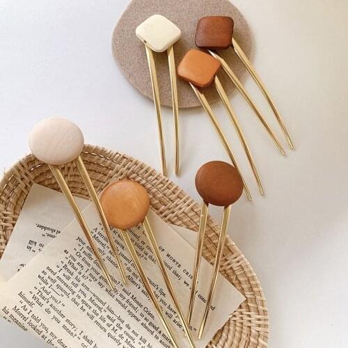 2021 New Minimalist French Gold Color Metal Geometric Wooden U-shaped Hairpin Female Girl Travel Dating Banquet Hair Accessories