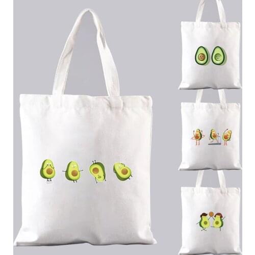 Women Canvas Shopping Bag New Kawaii Avocado Pattern Series Bolsa Shoulder Bag Large Capacity White Print Tote Bag Handbags