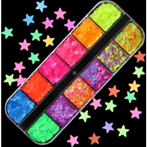 12 Grids Fluorescence Star Nail Gliter Sequins Neon Nails Art Glitter Flakes Accessories 3D Colorful Slice Nail Art Decorations