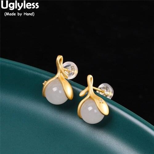 Uglyless Natural Jade Floral Buds Earrings for Women MINI Gemstones Brincos Bijoux Crystals Zircons Studs Earrings 925 Silver