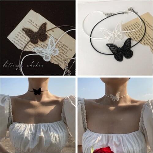 Vintage Butterfly Necklace Choker for Women Girls Black White Double-layer Embroidery Lace Fashion Retro Accessory Ins