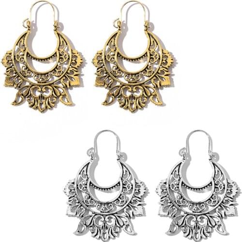 Vintage Women Semicircle Exaggeration Pierced Floral Engraved Earrings Jewelry