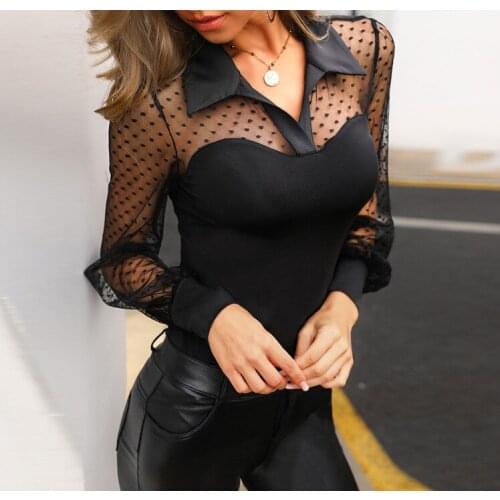 Ladies T-shirt Off-shoulder Long-sleeved Stitching Blouse Top with Black Polka Dot Pattern Long Sleeve Summer Tops for Women
