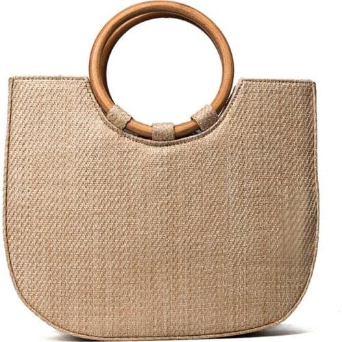 29x25CM 2017 Summer East Gate Wind Ring Wooden Handle Weave Handbag Bag Straw Bag Beach Shoulder Bag A2973