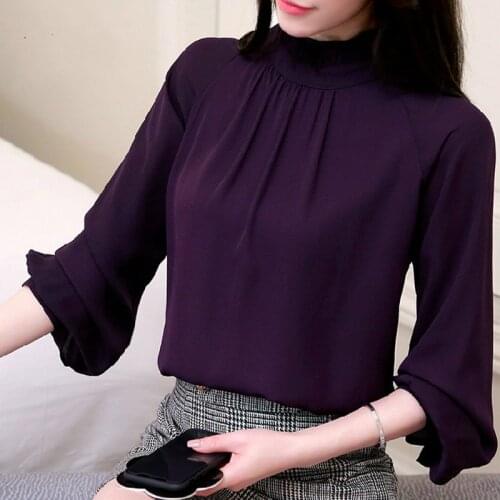 New Women Blusas Feminina Elegant Chiffon Blouses Spring Casual Lantern Sleeve Female Shirt Fashion Purple Tops Ladies 93A 30