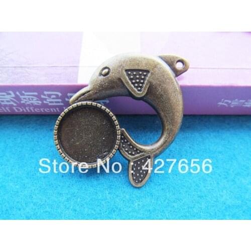 10pcs Antique Silver/Bronze Dolphine Base Setting Tray Bezel Pendant Charm/Finding,Fit 16mm Round Cabochon/Cameo,DIY Accessory