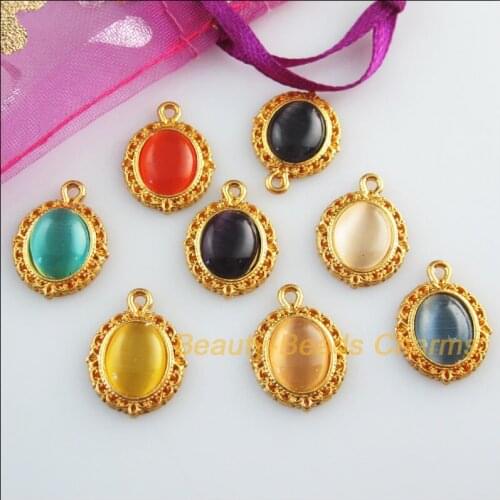 16 Charms Oval Flower Mixed Stone Flatback Pendants Gold Color 13.5x18mm