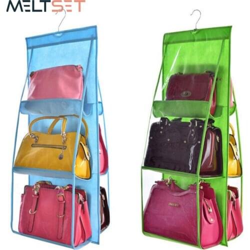 6 Pocket Hanging Handbag Organizer for Wardrobe Closet Door Wall Clear Transparent Storage Bag Hanger Pouch Sundry Shoe Bag 60X