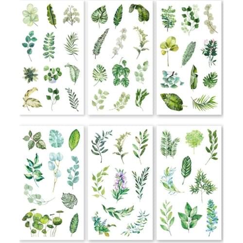 6 Sheets Fresh Green Leaf Stickers Washi Paper Decorative Label Stickers DIY Planner Notebook Decorations Stationery
