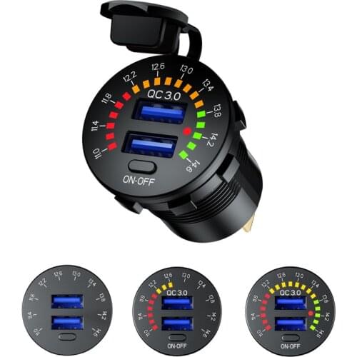 QC 3.0 Fast Charging 12-24V Dual USB Car Charger Socket Port With Colourful Digital LED Voltmeter ON OFF Switch