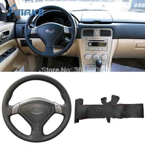 For Subaru Forester 2004-2006 High Quality Hand-stitched Anti-Slip Black Leather Red Thread DIY Steering Wheel Cover
