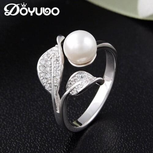 DOYUBO Adjustable Size 925 Sterling Silver Pearl Ring For Women Double Leaves Shape Round Simulated Pearl Rings Jewelry VB286