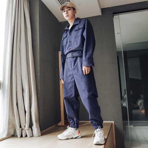 Men Jumpsuit Overalls Long Sleeve Loose Korean Spring Trousers Casual Long Pants Black Navy