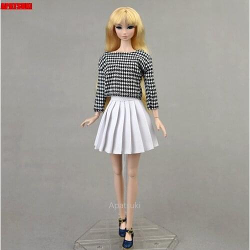 Fashion Clothes Set for Barbie Doll Outfits Houndstooth Shirt Blouse Top White Pleated Skirt for 1/6 BJD Dolls Accessories Toys