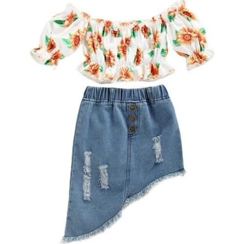 1-6Y Fashion Toddler Girls Summer Clothes Off Shoulder Short Sleeve Sunflower Crop Tops + Ripped Denim A-line Skirts Outfits