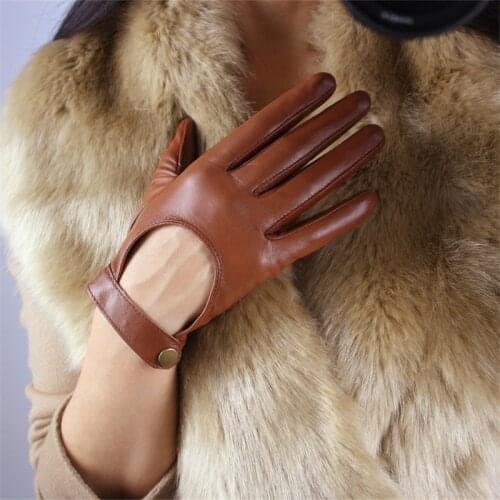 Touchscreen Genuine Leather Woman Gloves Pure Sheepskin Locomotive Exposing The Back Of The Hand Short Style Nylon Lined TB94-2