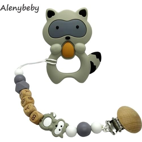 Personalise Raccoon Baby Pacifier Clips Holder Chain with Name Silicone Teething Beads Dummy Clips Teething Toy Set Shower Gifts