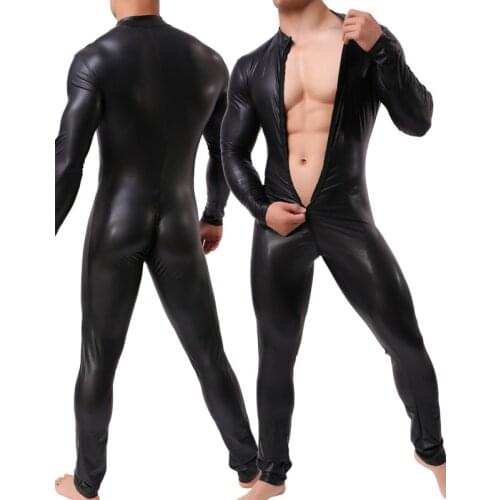 Sexy Men Lingerie Faux PU Leather Bodysuit Stretch Leotard Jumpsuit Long Sleeve Teddy Underwear Gay Catsuit Lingerie One Piece