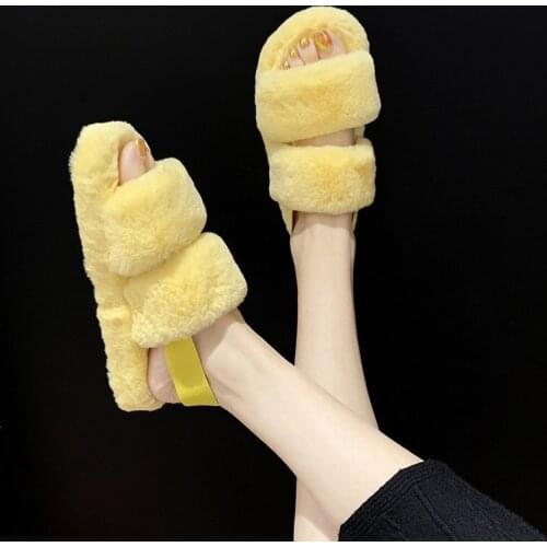 Winter Back Strap Women Home Slippers Rabbit Fur Warm Shoes Woman Slip On Flats Slides Cute Plush Fluffy Lady Cotton Slippers